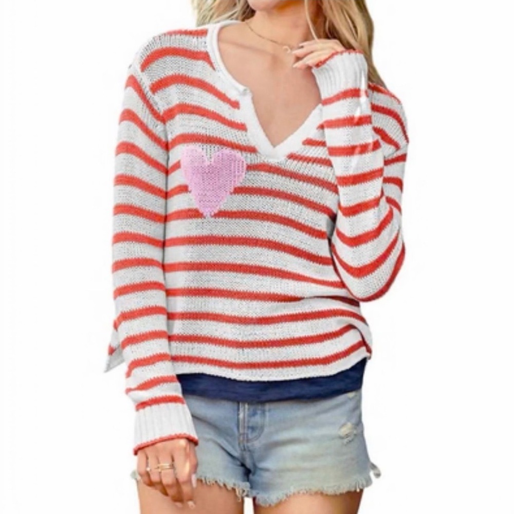 WOODEN SHIPS striped sweater red white with heart detail size XS cotton acrylic